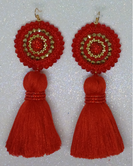 Háčkované dizajnové náušnice "Zlato rubínova kvapka"